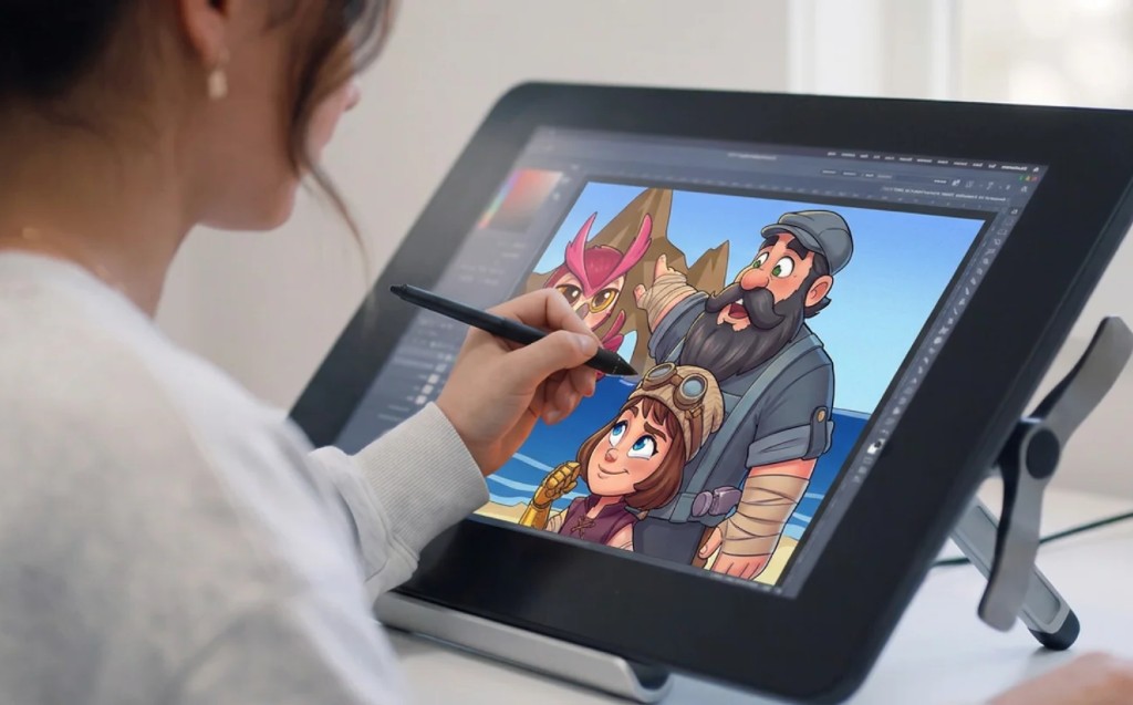 A Snow Games artist illustrating the studio's characters on a pen display