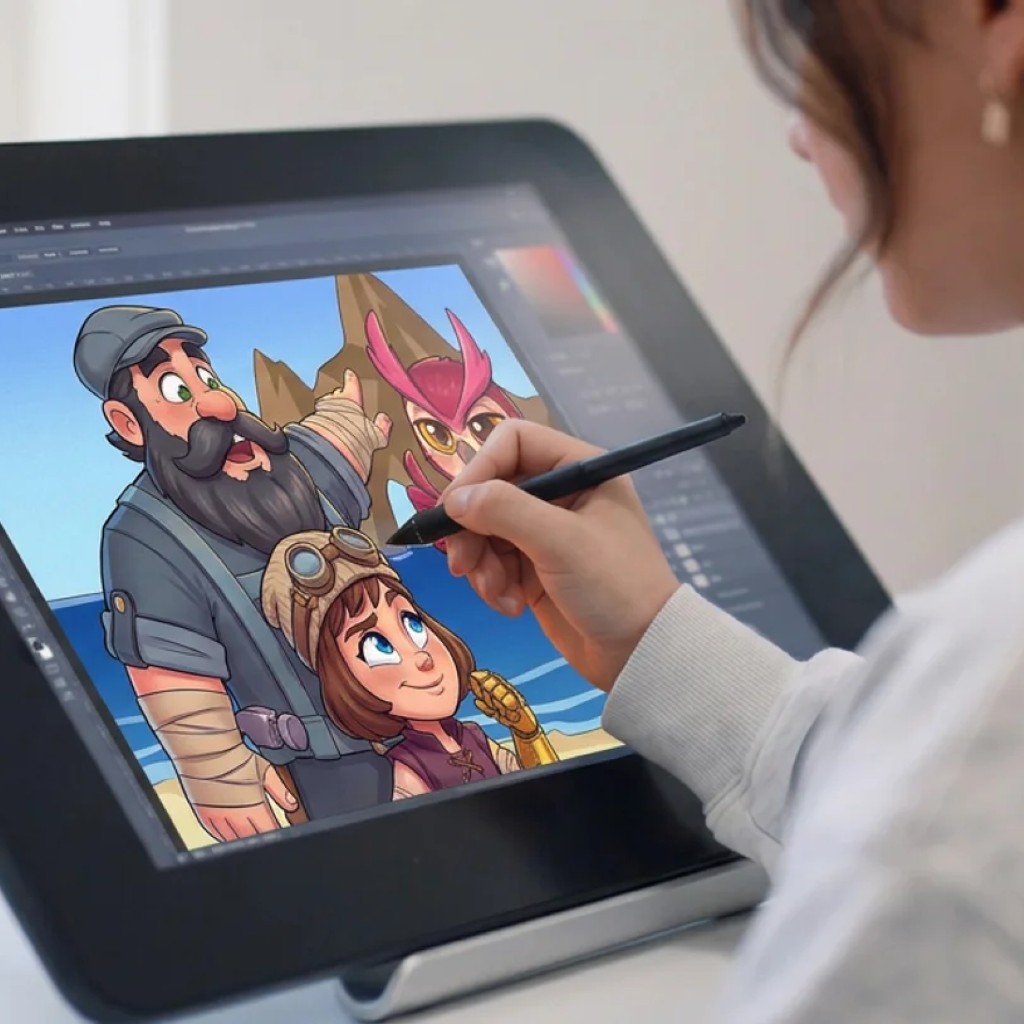 A Snow Games artist drawing the fisherman, the adventurer, and the owl together on a pen display.