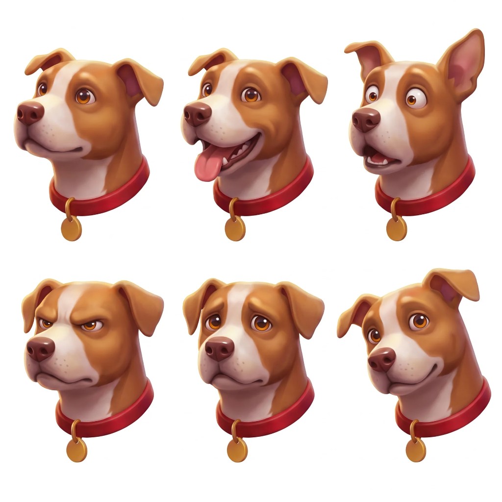 Painted expression sheet of the dog companion in his red collar, six moods from alert to apologetic.