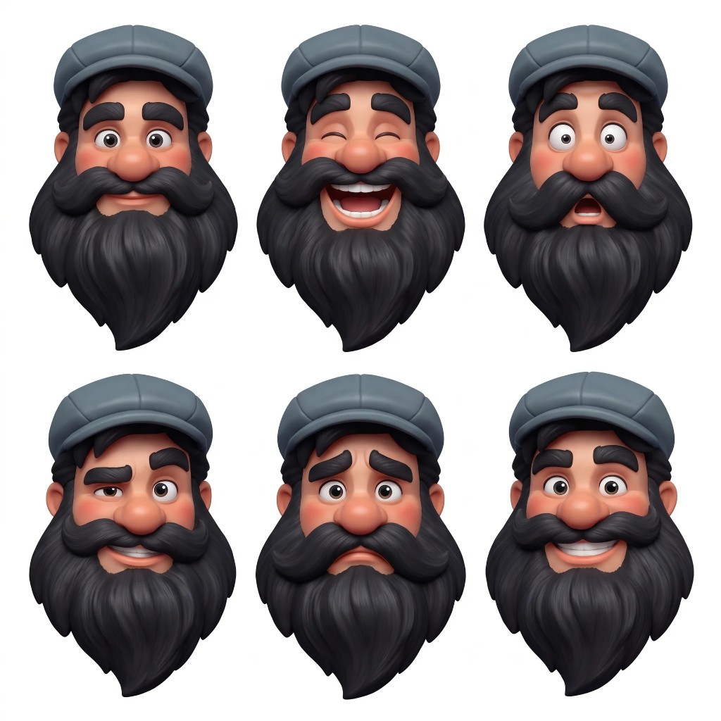 3D expression sheet of the bearded fisherman, six takes on his warm, weathered face.