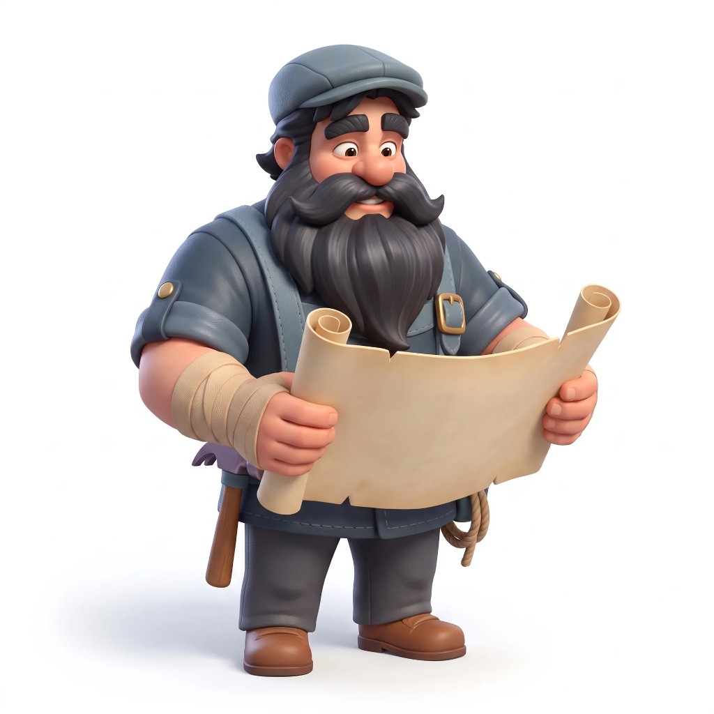 Full-body render of the fisherman studying a worn parchment map.