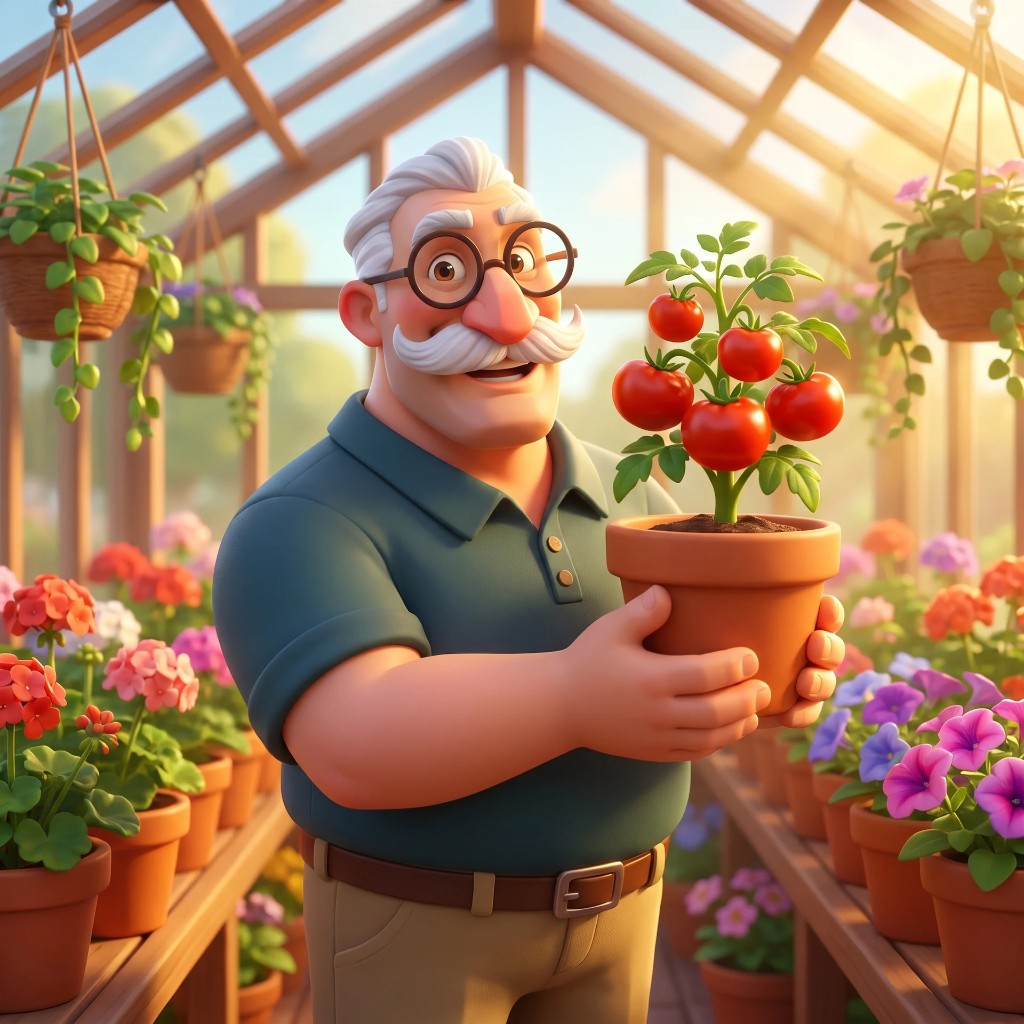The gardener beaming in his sunlit greenhouse, holding a potted tomato plant among shelves of flowers.