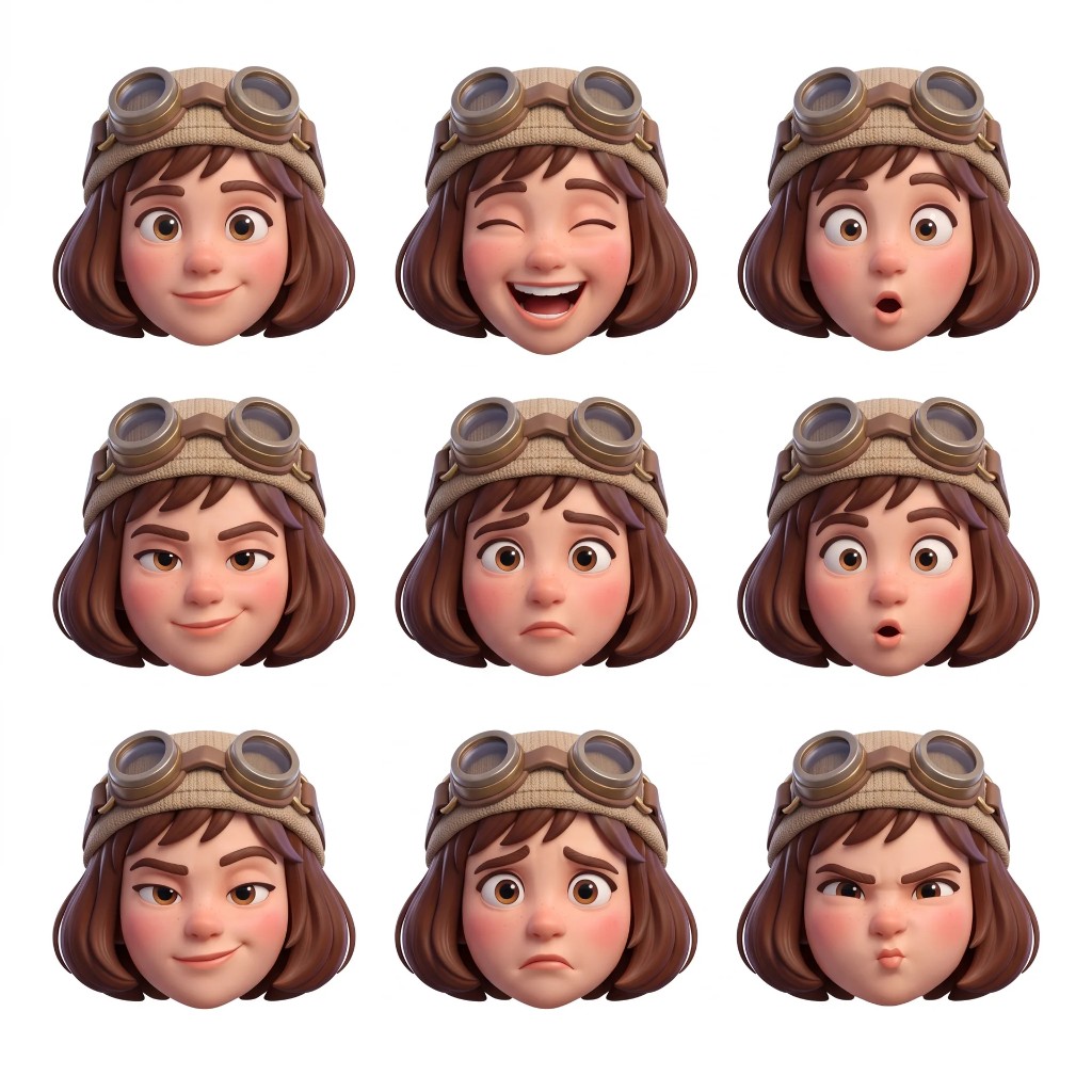 3D expression sheet of the young adventurer in her goggled cap: nine moods from delighted to defiant.