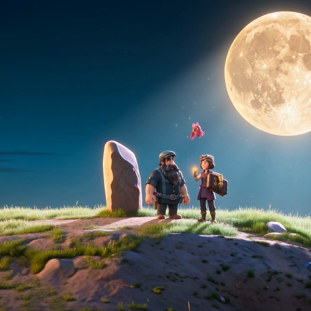 The fisherman and the adventurer discovering a standing stone under a huge full moon, the owl fluttering between them.
