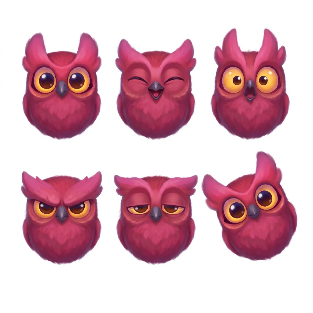Painted expression sheet of the pink owl, from cheerful to grumpy to sleepy.