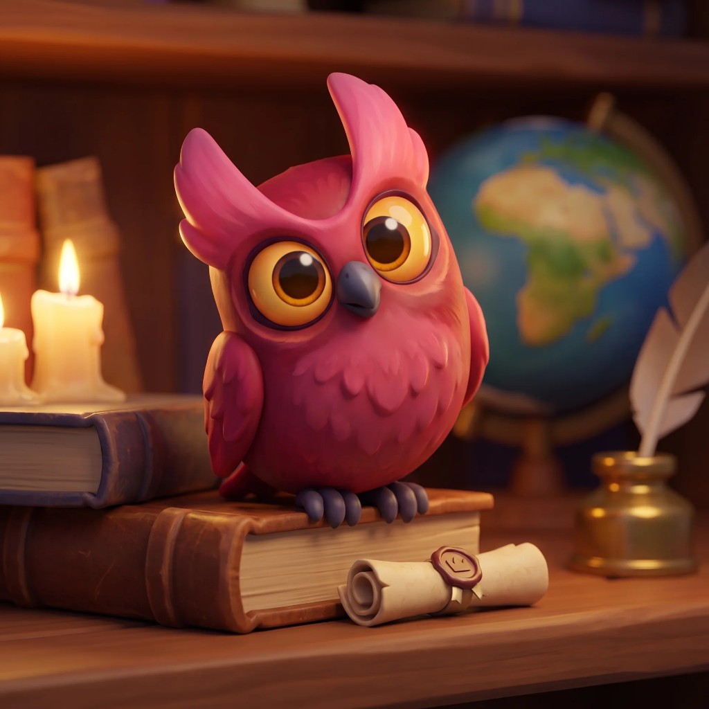 The pink owl perched on stacked books beside candles and a globe, rendered in full colour.
