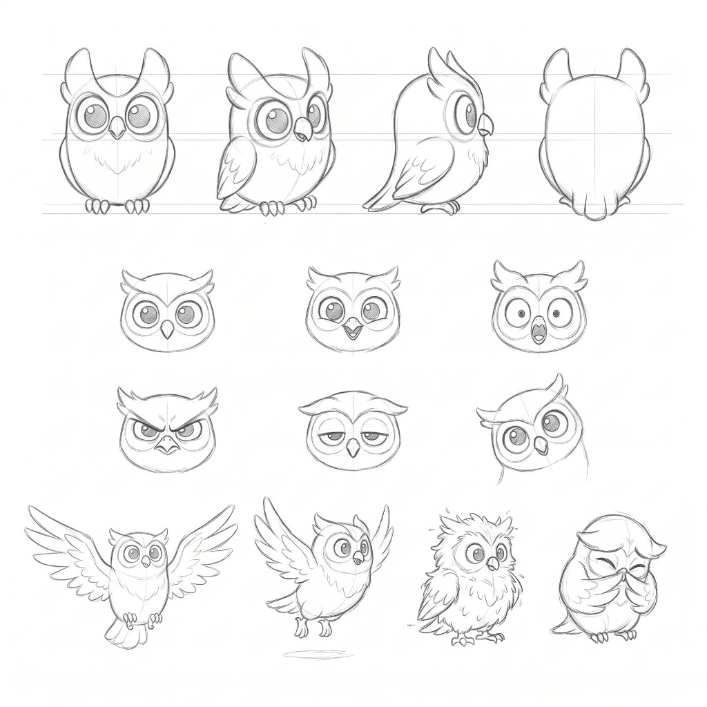 Pencil sketch sheet of the owl companion: turnaround poses, facial expressions, and flight studies.