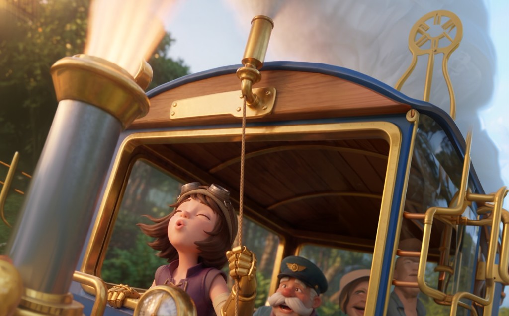 The young adventurer joyfully pulling the whistle of a gleaming steam train